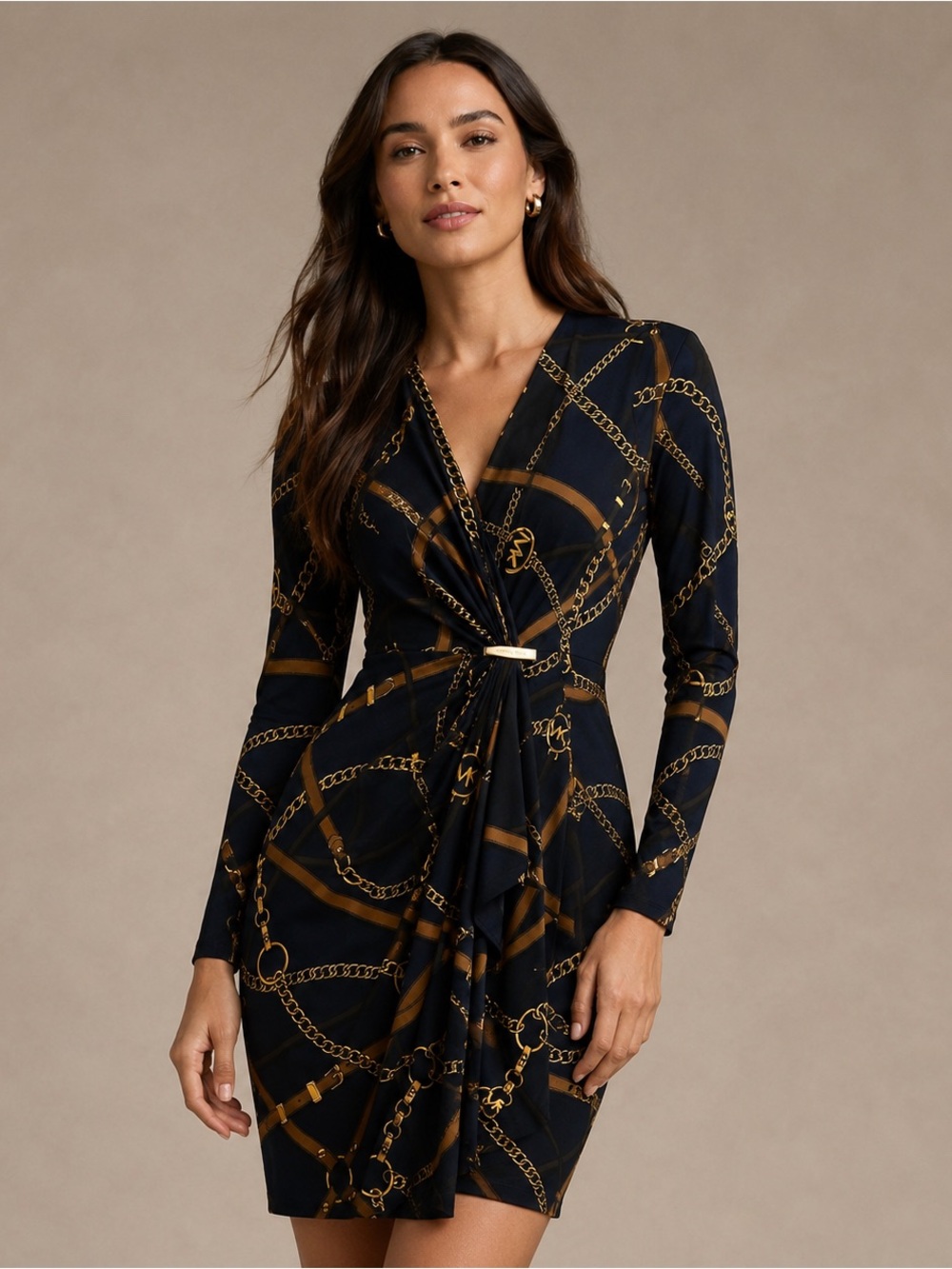 Michael Kors Navy Blue with Gold Chain-Print Twist Front Dress